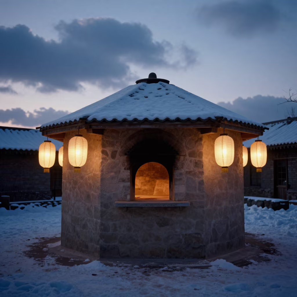 Winter Bread Oven in Indigo Village Shrine in in a shrine lined with lanterns near Changchun