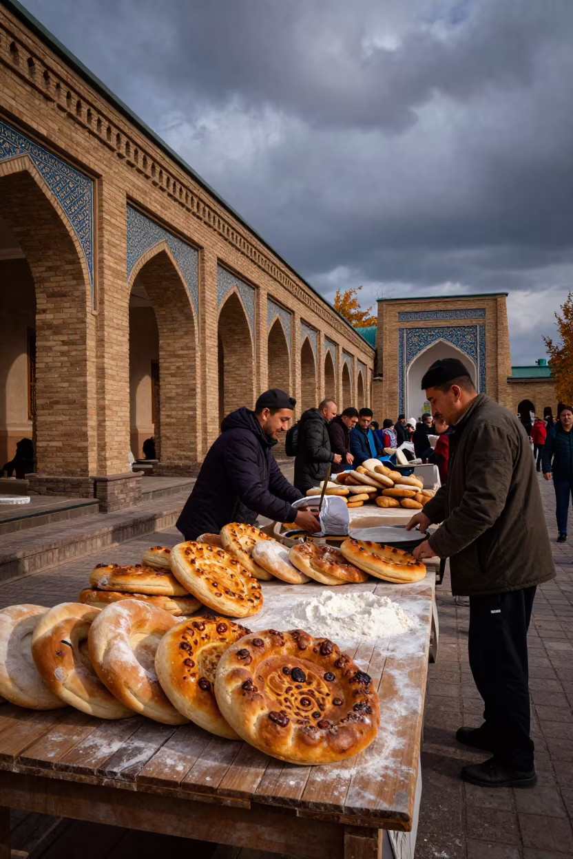 Winter Bread Stall in Shymkent Temple Courtyard in in a temple courtyard in Shymkent