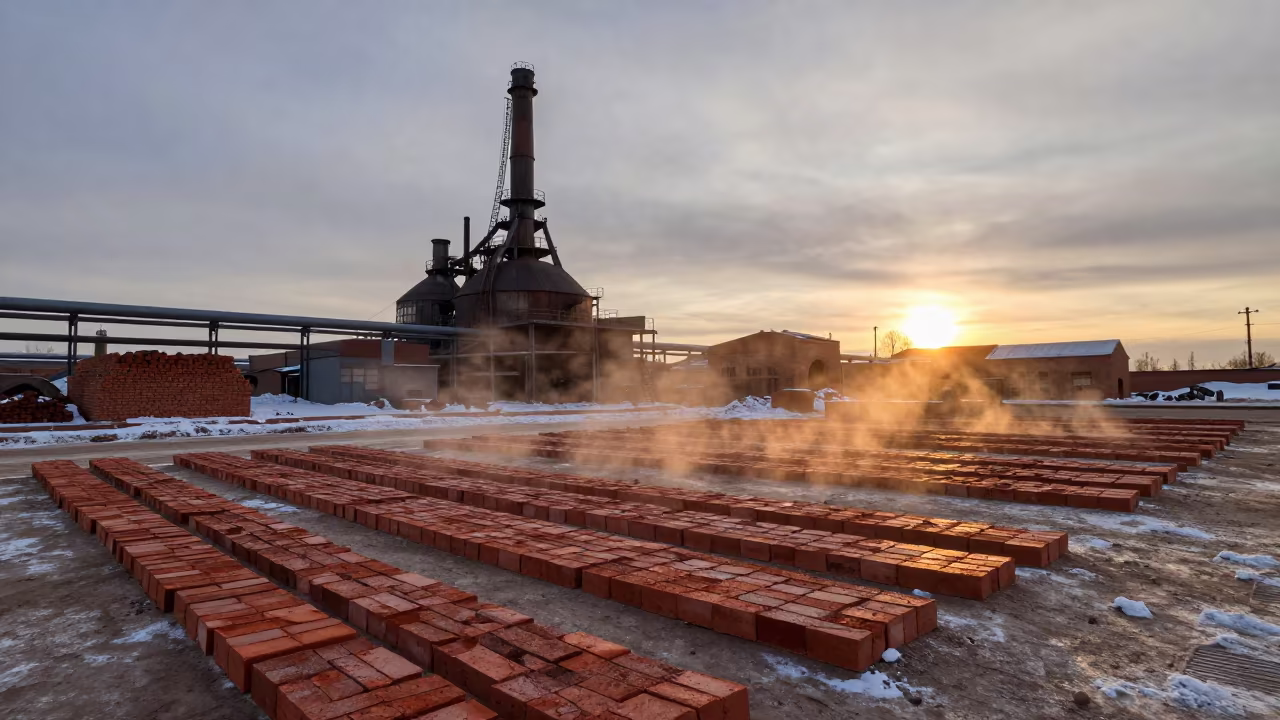 Winter Brick Kiln Yard Under Amber Sunset Light in beside a blast furnace near Atyrau