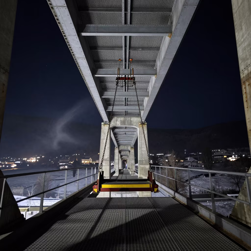 Winter Bridge Maintenance Under Basque Viaduct in under a viaduct of steel and concrete in the Basque Country