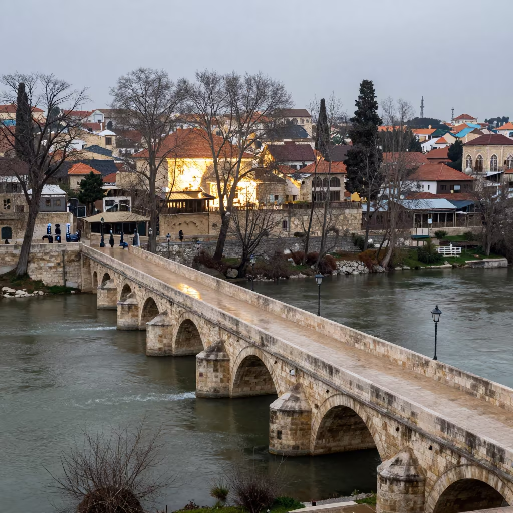 Winter Bridge Over River in Ein Karem Temple in in a lantern-lined temple precinct in Ein Karem, Jerusalem