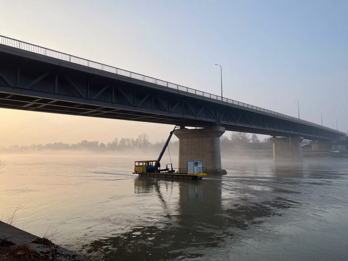 Winter Bridge Trolley at Dawn Above River in beneath a bridge span near Debrecen