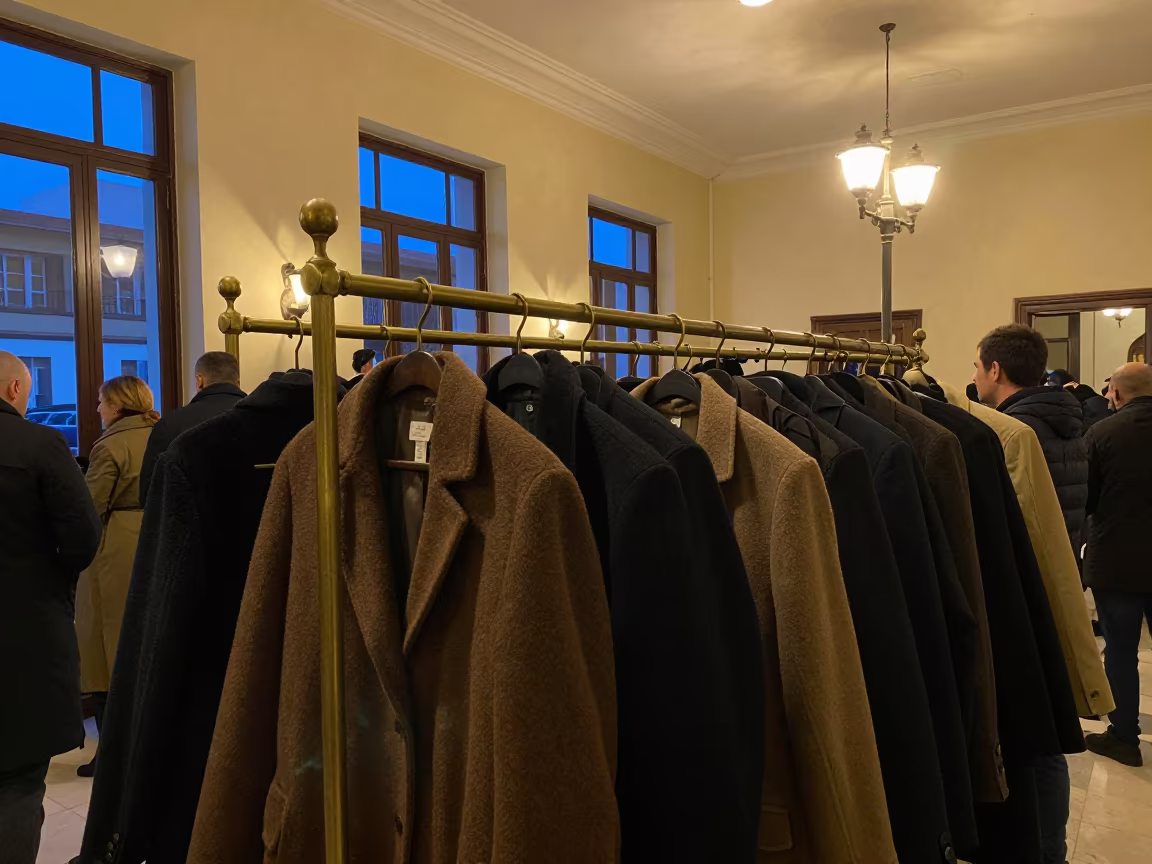 Winter Budget Meeting Coat Rack Casablanca in in a fluorescent town hall meeting room near Art Deco Downtown, Casablanca