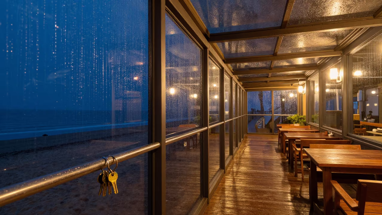 Winter Cabana Key Hook Rail Busan in along a beachfront cabana row near Busan