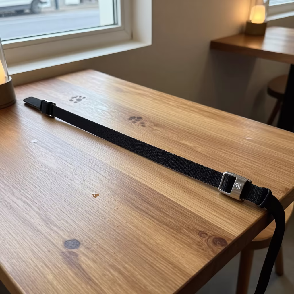 Winter Cafe Adoption Collar Rail with Water Marks in on a cafe table by a window in Satna