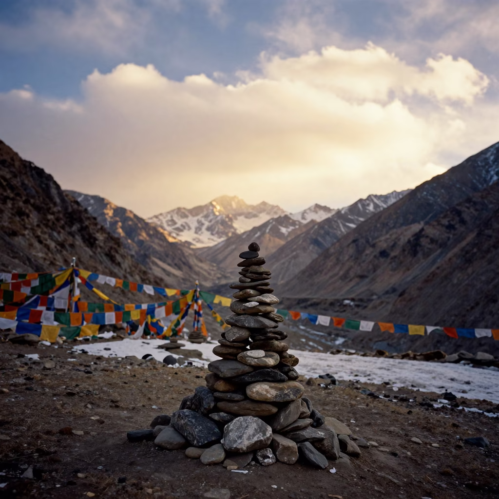 Winter Cairn and Prayer Flags at Leh Summit in beside a summit cairn above the tree line near Leh