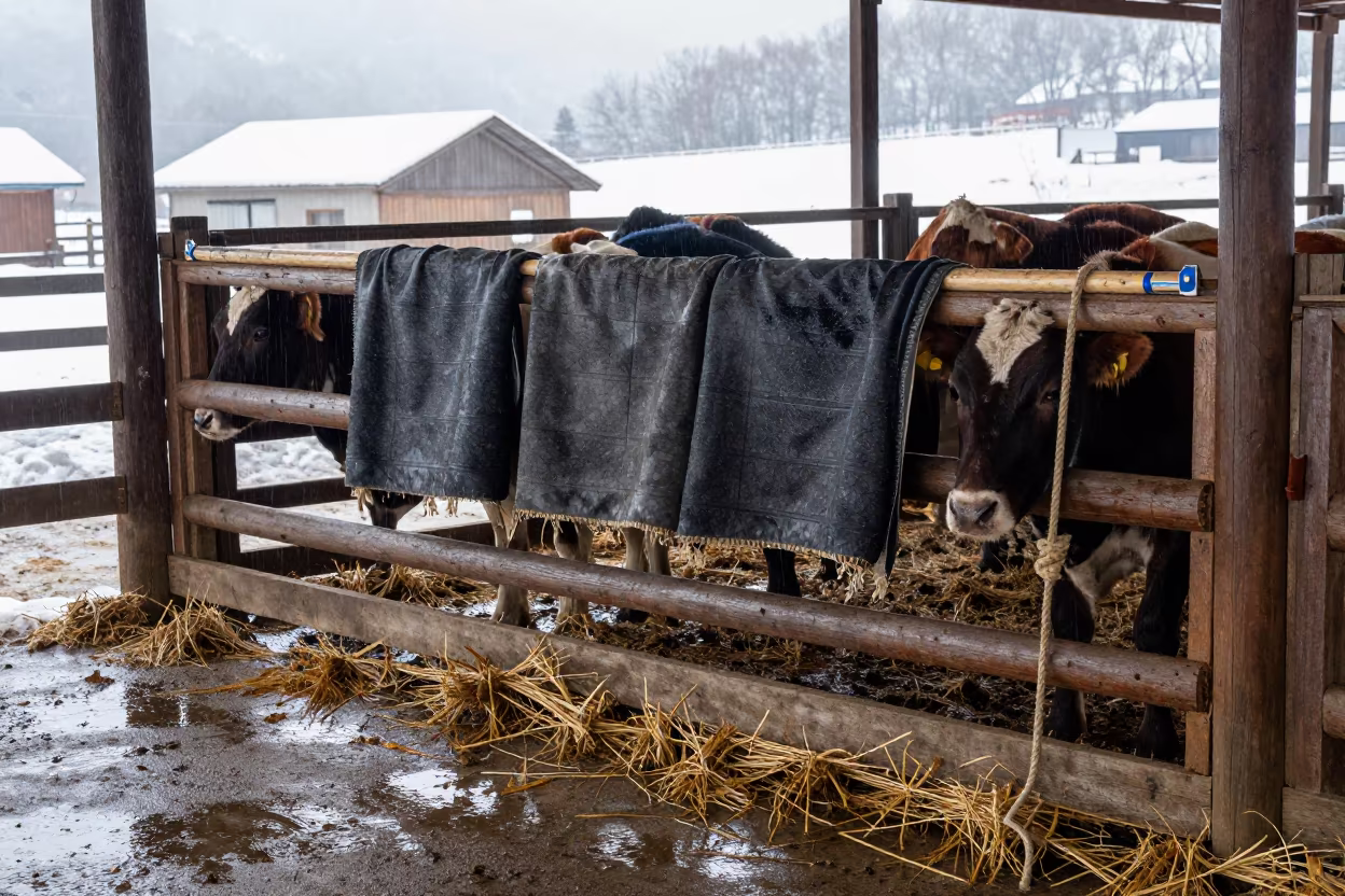 Winter Calf Blanket Rack in Chugoku Corral in inside a ranch corral in Chugoku