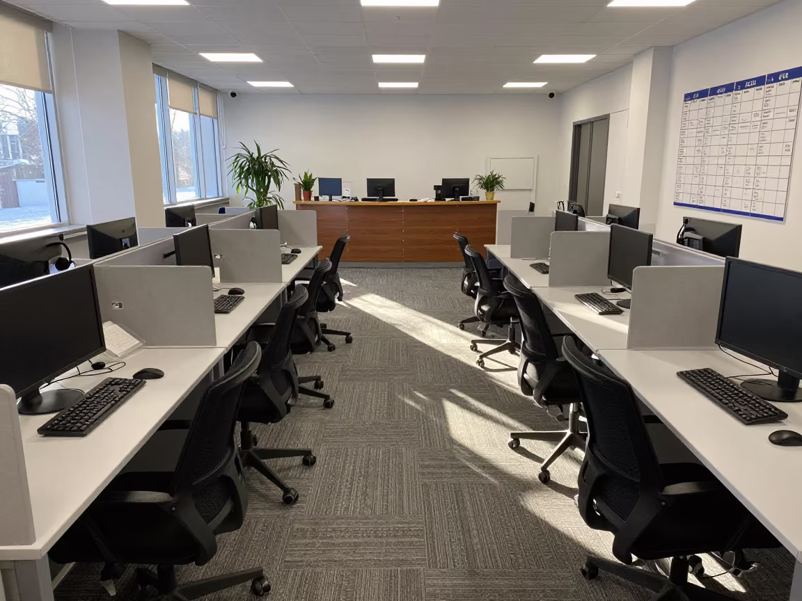 Winter Call Center Floor After Strategy Session in at an office reception desk near Oral
