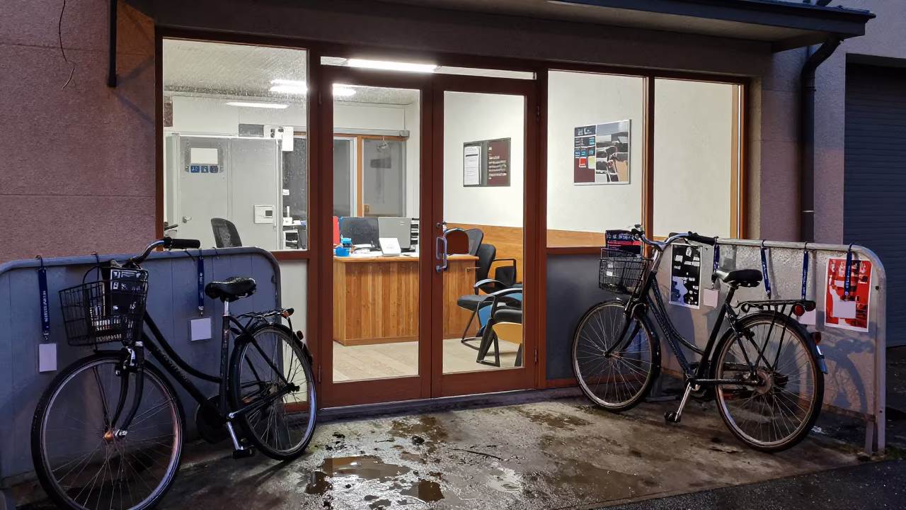 Winter Campaign Office Entrance with Wet Bicycles in inside a campaign office near Rouen