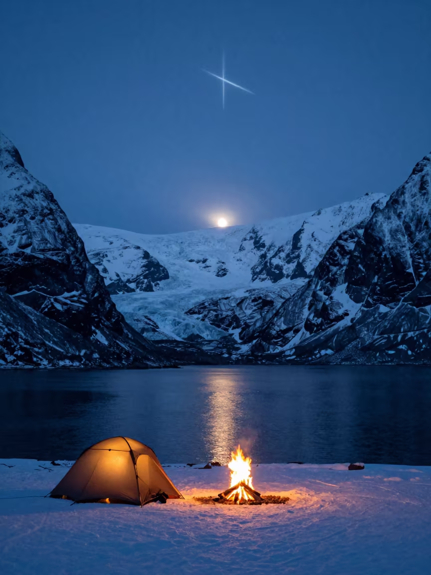 Winter Campfire at Glacier Edge Oslo in from a quiet alpine saddle near Oslo
