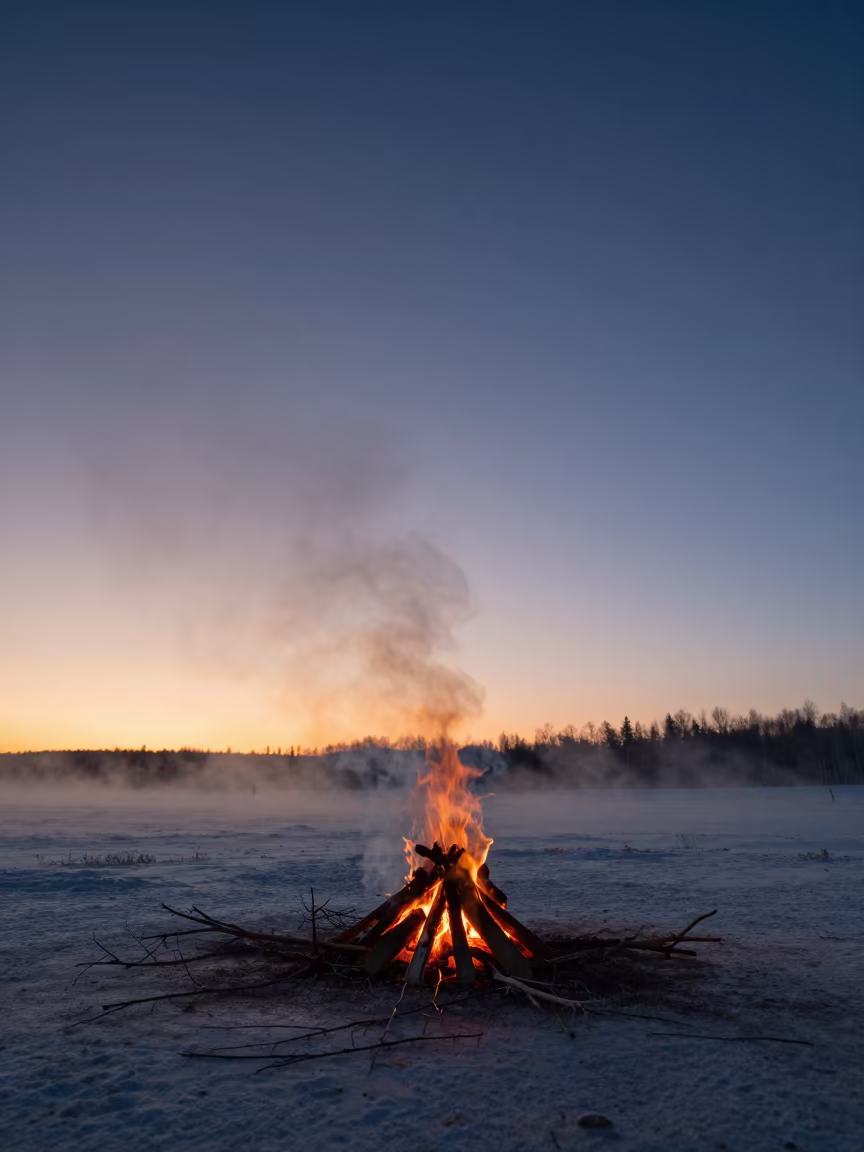 Winter Campfire Smoke Spiral Under Stars in under a band of cold starlight in the Russian Far East