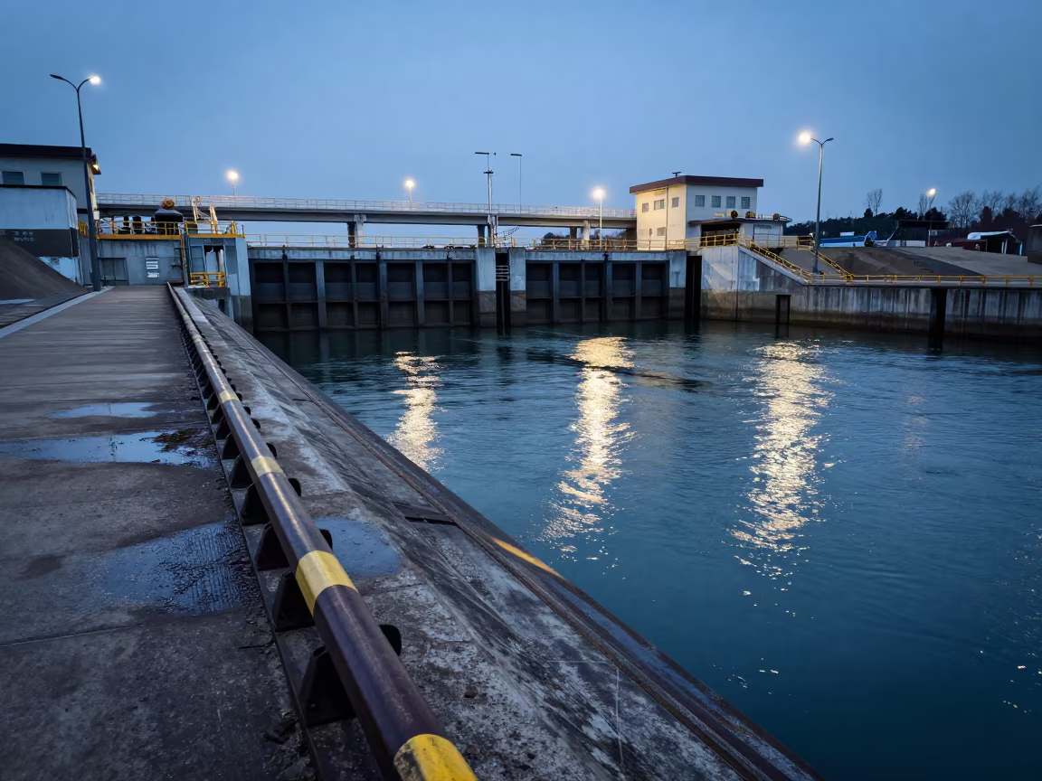 Winter Canal Lock Gate at Gwangalli Twilight in along a dam spillway in Gwangalli, Busan