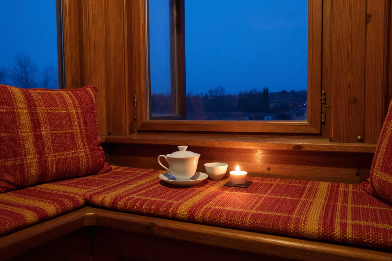 Winter Candlelight Tea on Tapestry Window Seat in in a sunlit living room near Brahmanbaria