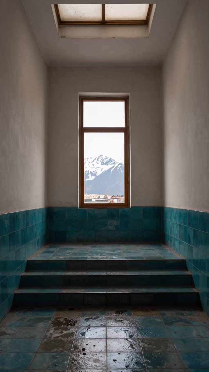 Winter Castle Keep Window Framing Distant Mountains in inside a tiled stair hall near Mashhad