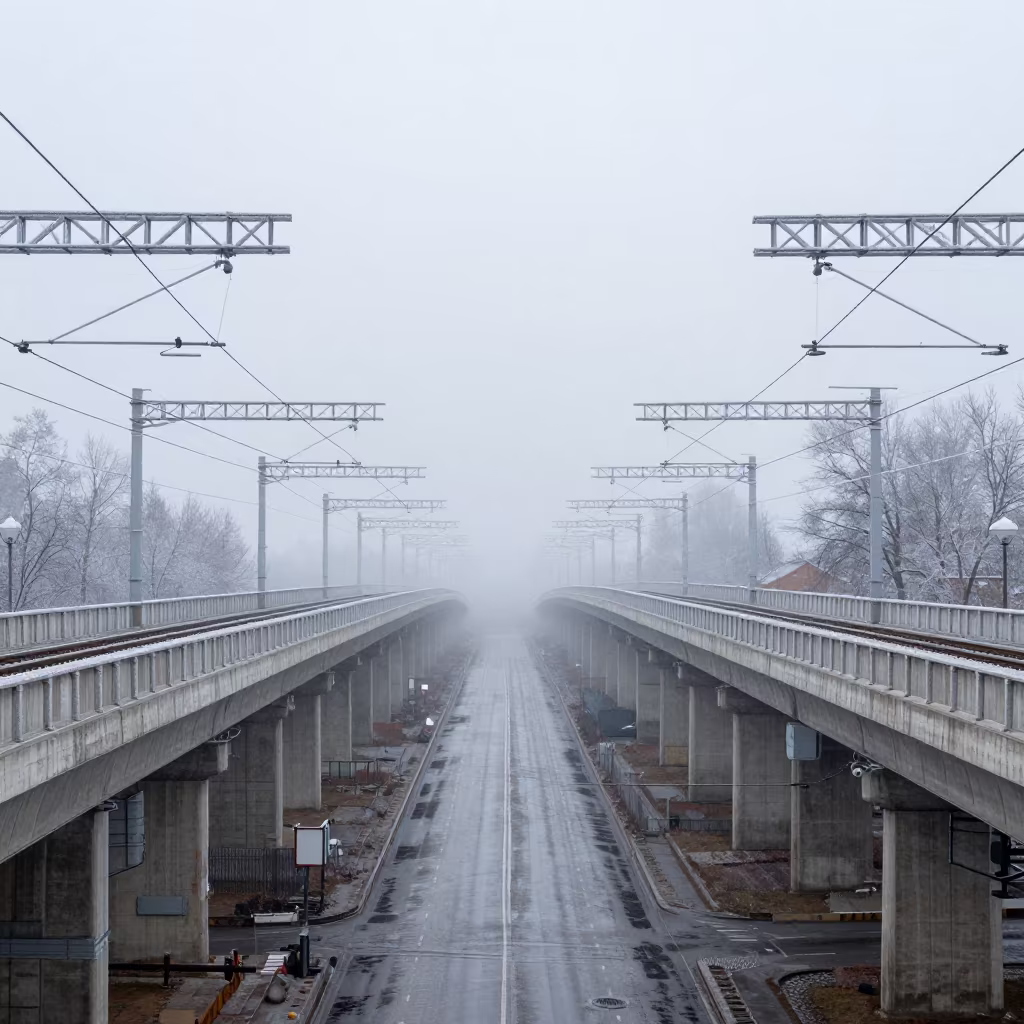 Winter Catenary Lines Over Moscow Overpass in across a windy overpass interchange near Zamoskvorechye, Moscow