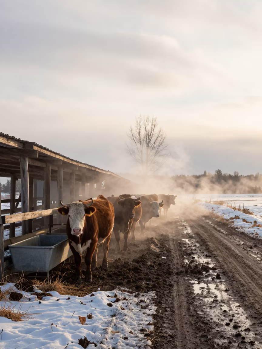 Winter Cattle Lane Mist Golden Hour Canada in near a windbreak and water trough in Canada