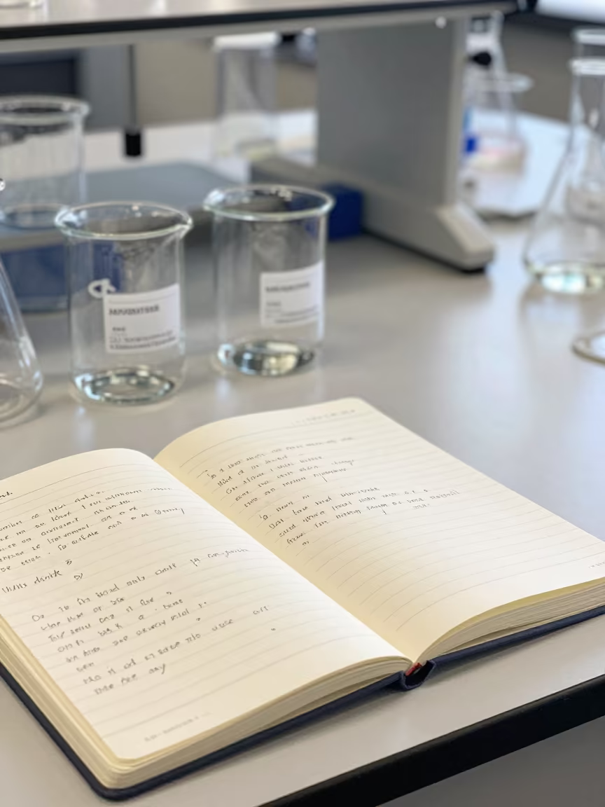 Winter Chemistry Lab Notebook and Beakers in at an engineering workbench near Woodstock, Cape Town