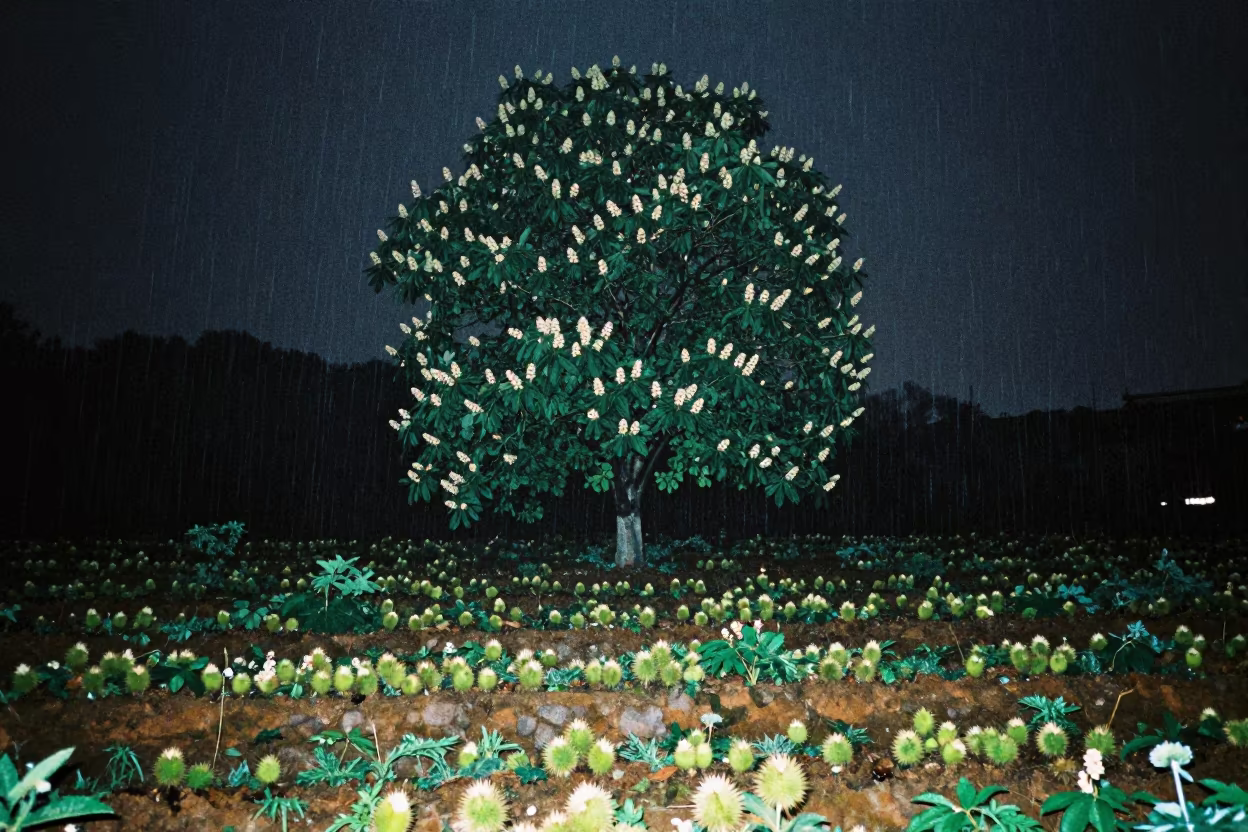 Winter Chestnut Tree with Husks Under Starlight in among terraced garden plots near Wuhan