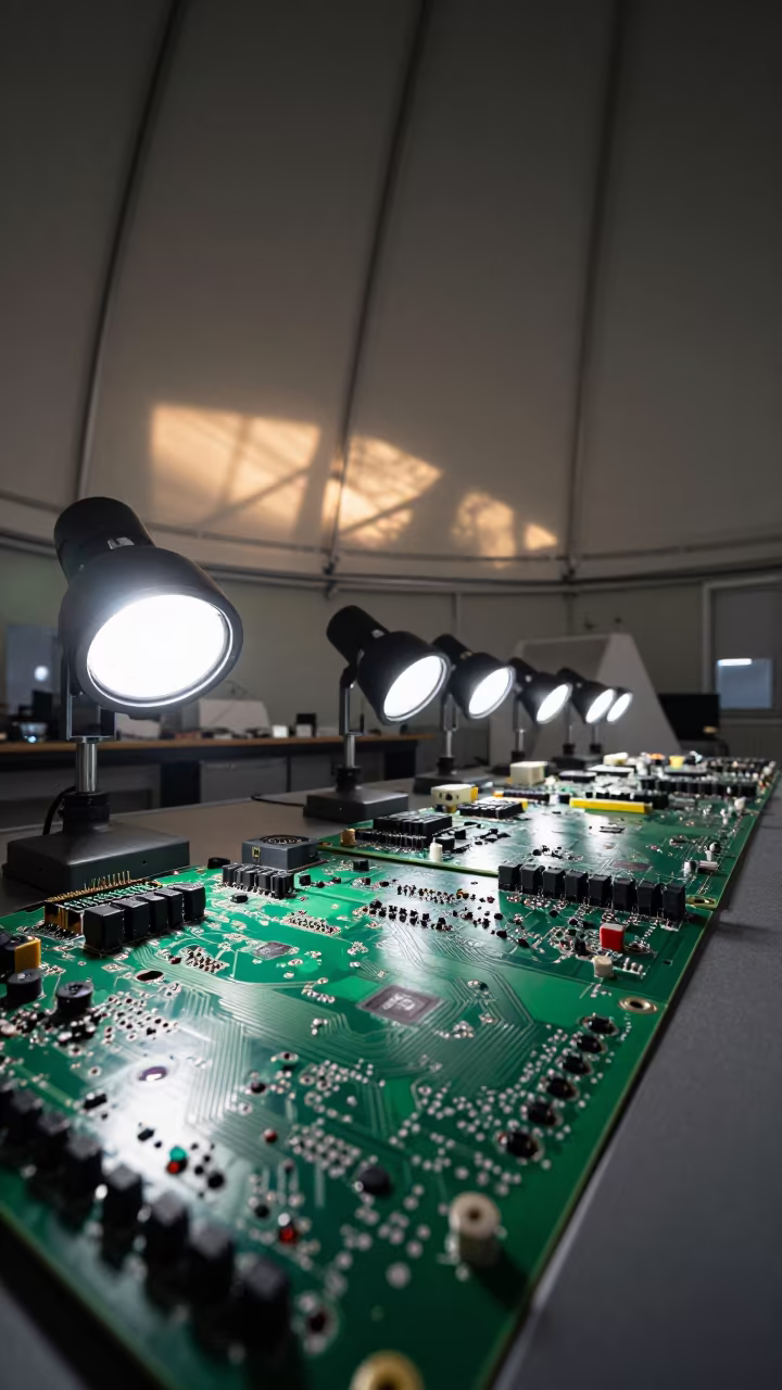 Winter Circuit Boards Under Lab Task Lights in inside an observatory control room near Wolverhampton