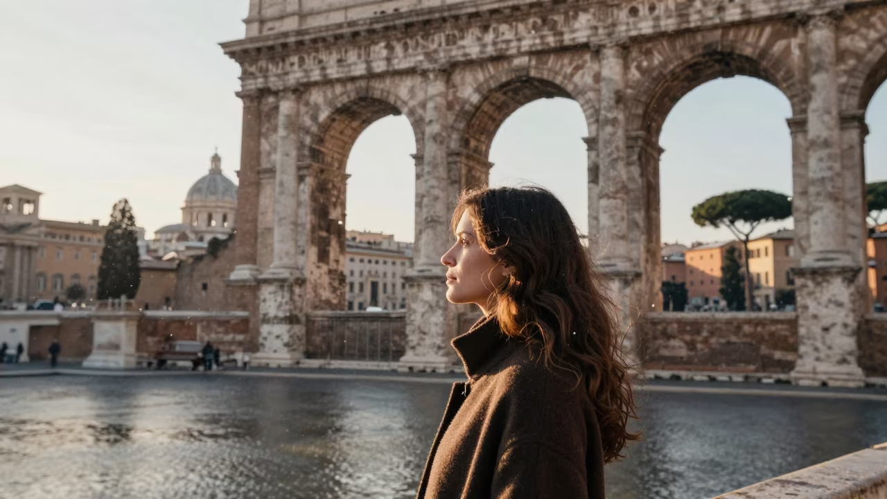 Winter Cityscape Floating Over Woman in Rome in in Aventino, Rome