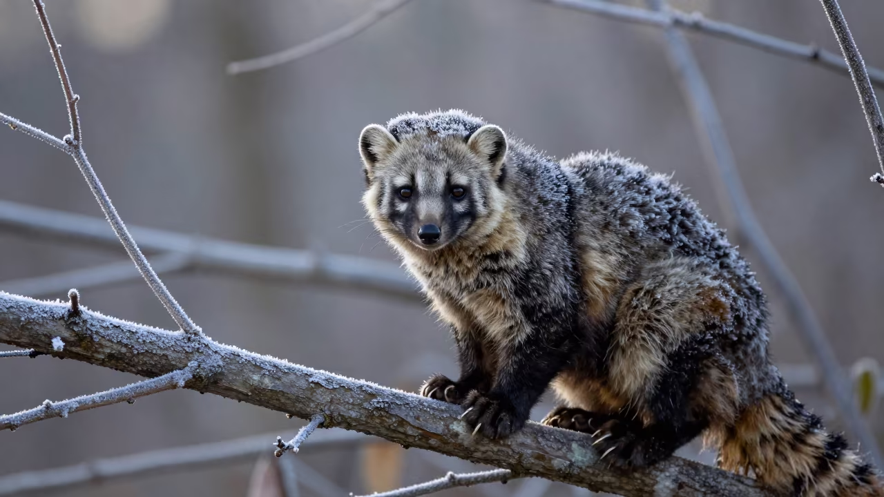 Winter Civet Cat Moonlit Branch Frost in along a game trail in Victoria