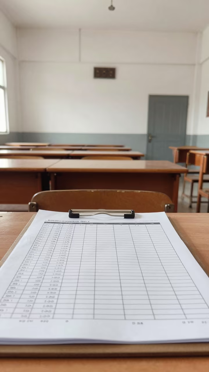 Winter Classroom Attendance Sheet Drizzle in inside a quiet classroom in Jalandhar
