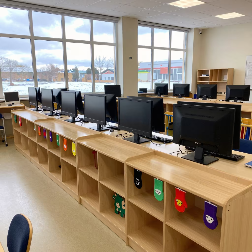 Winter Classroom Cubby Wall with Mittens in in a computer lab before lessons near Seeb