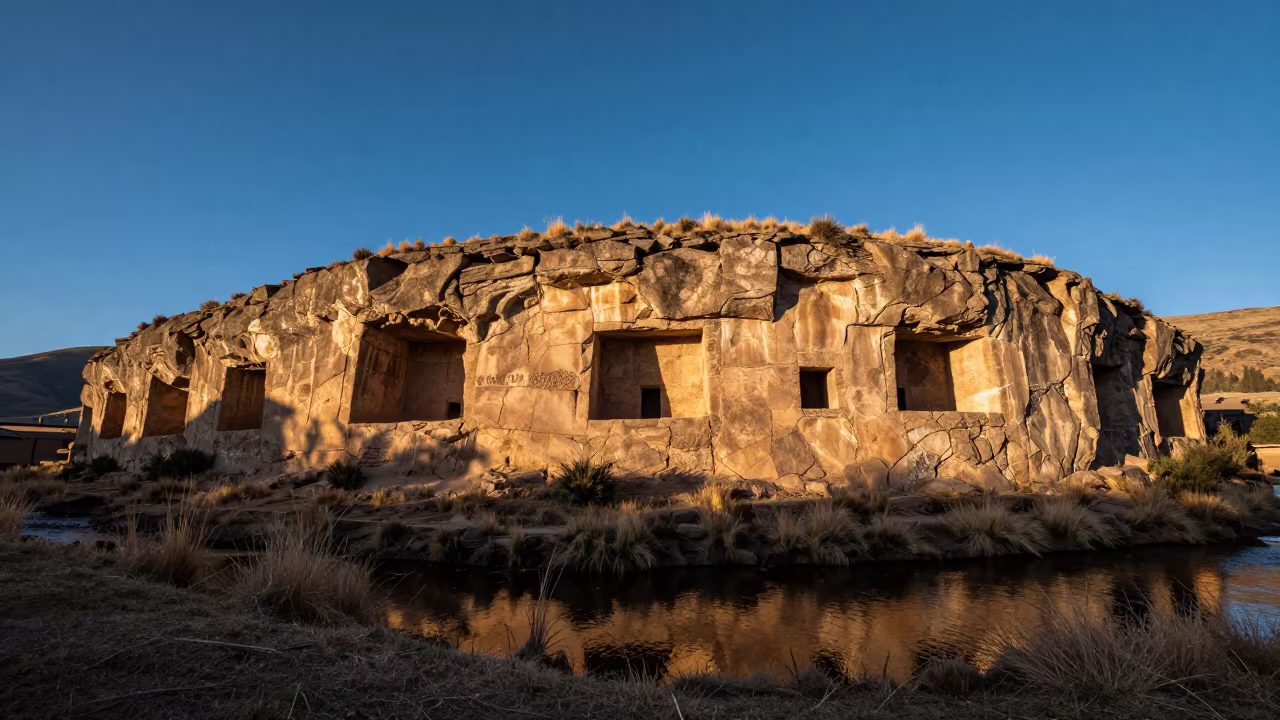 Winter Cliff Dwelling Reflected in Cusco Foothills in from a ridge above layered foothills near Cusco