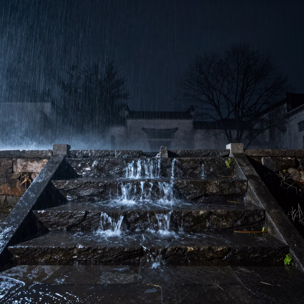 Winter Cloudburst on Ancient Stone Steps in through low marine fog in Anhui