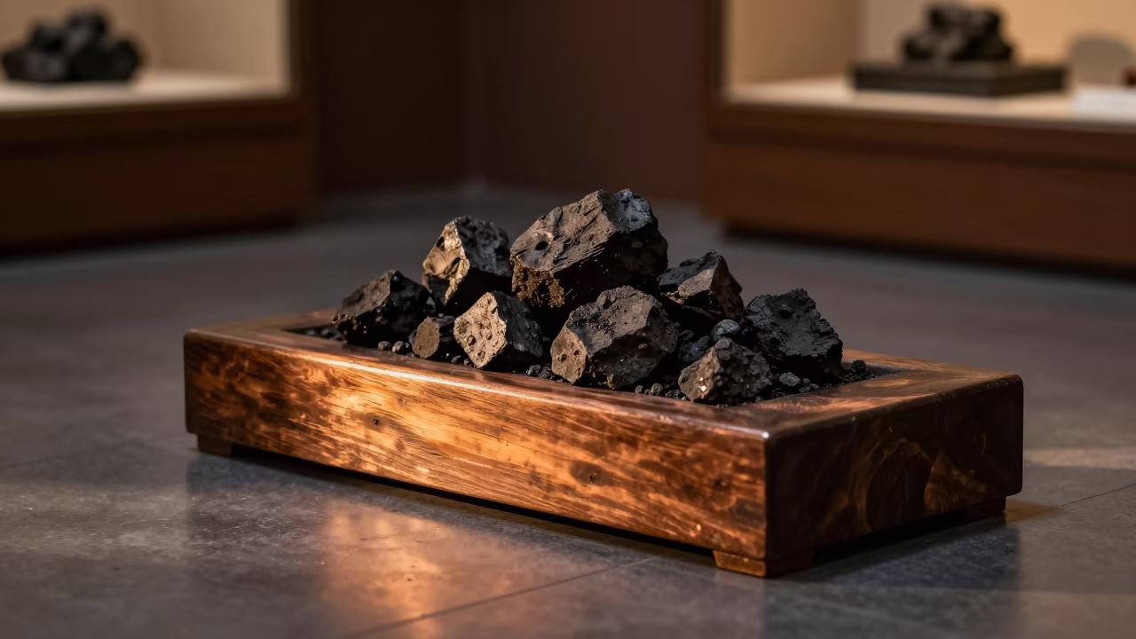 Winter Coal Scuttle in Amber Light in on a museum plinth in Bishkek