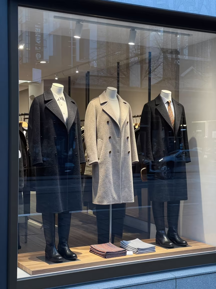 Winter Coat Display in Nagoya Storefront Window in inside a storefront display zone in Nagoya