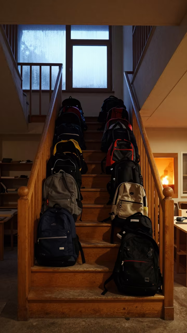 Winter Coats on School Staircase in Woodshop in in a woodshop classroom near Bolu