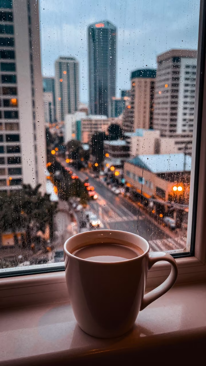 Winter Cocoa Beside Rain-Streaked Gold Coast Window in beside a rain-streaked window near Gold Coast