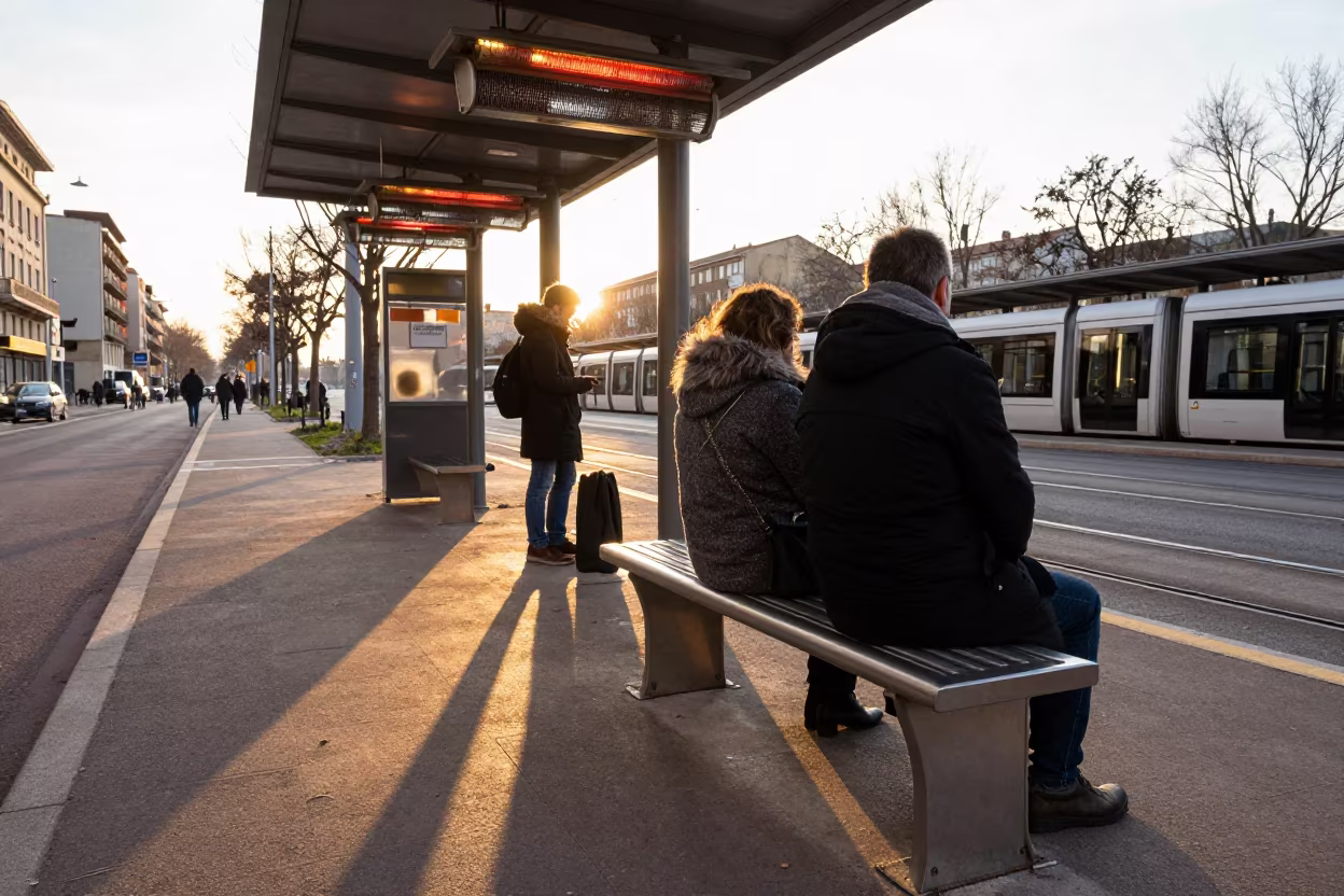 Winter Commuters Under Heat Lamps Montpellier Tram Stop in at a tram stop in Montpellier