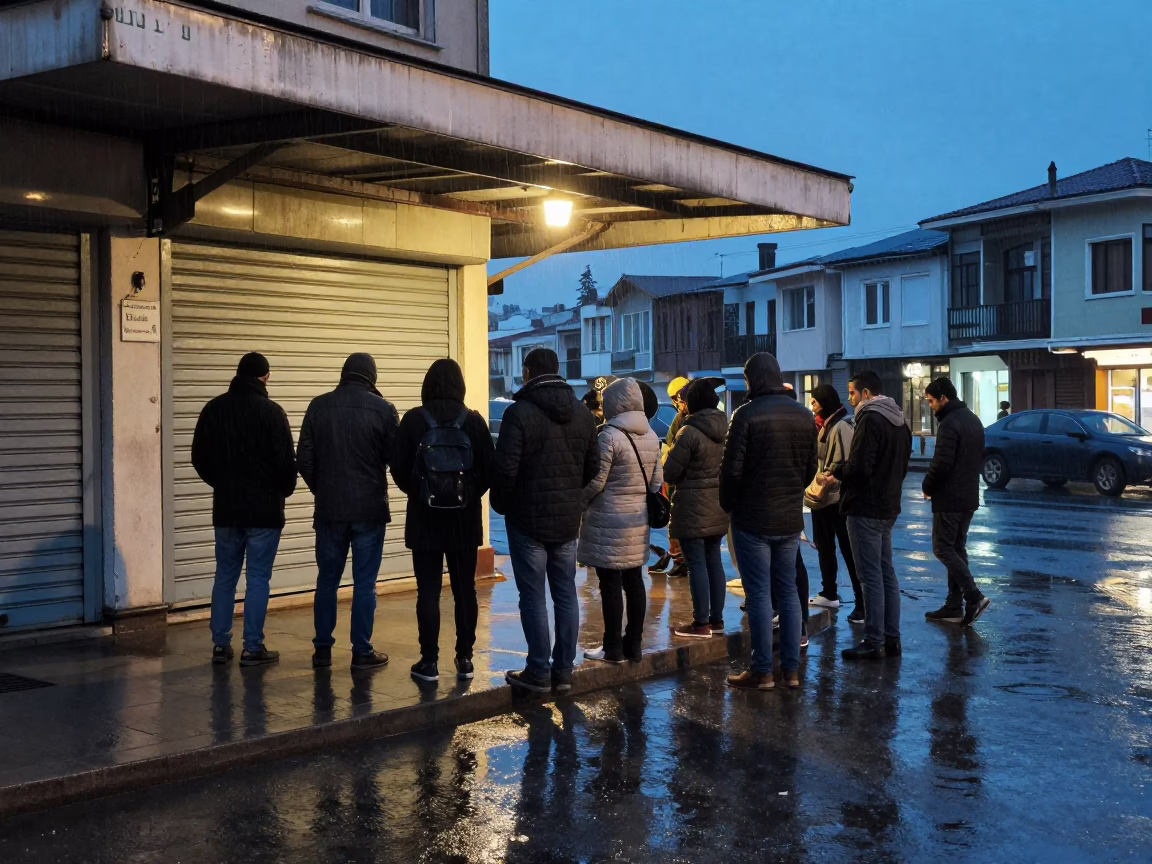 Winter Commuters Under Rain Awning Ceyhan in along a shuttered arcade in Ceyhan
