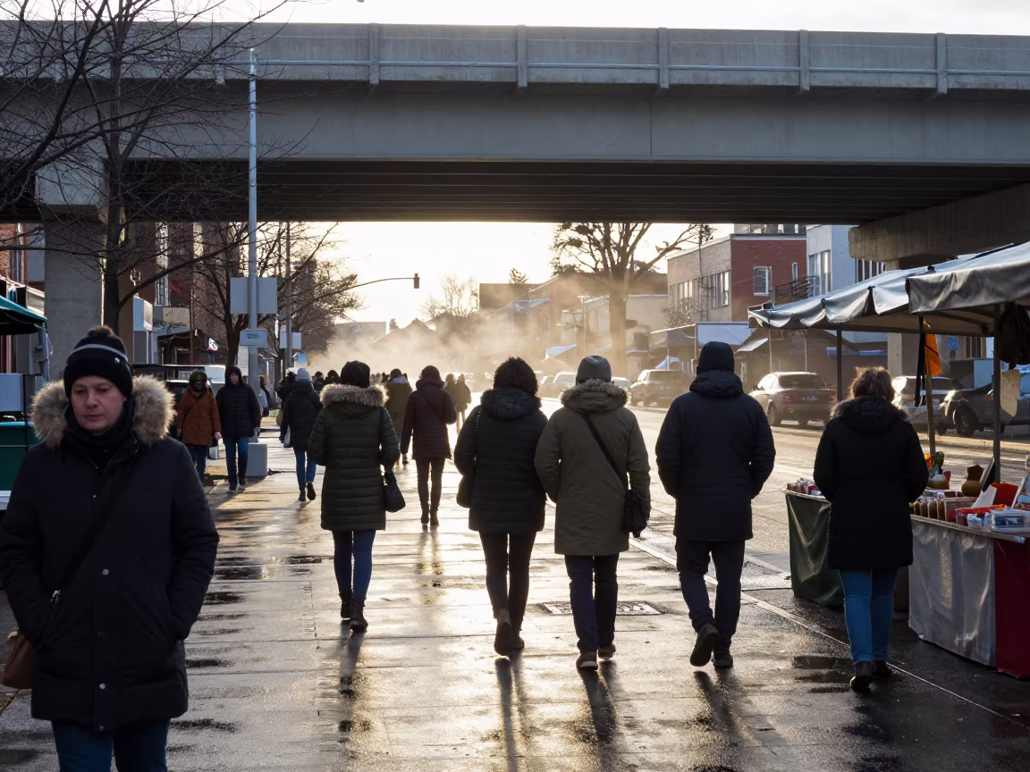 Winter Commuters Silhouetted Under Brampton Overpass in along a market-lined side street in Brampton