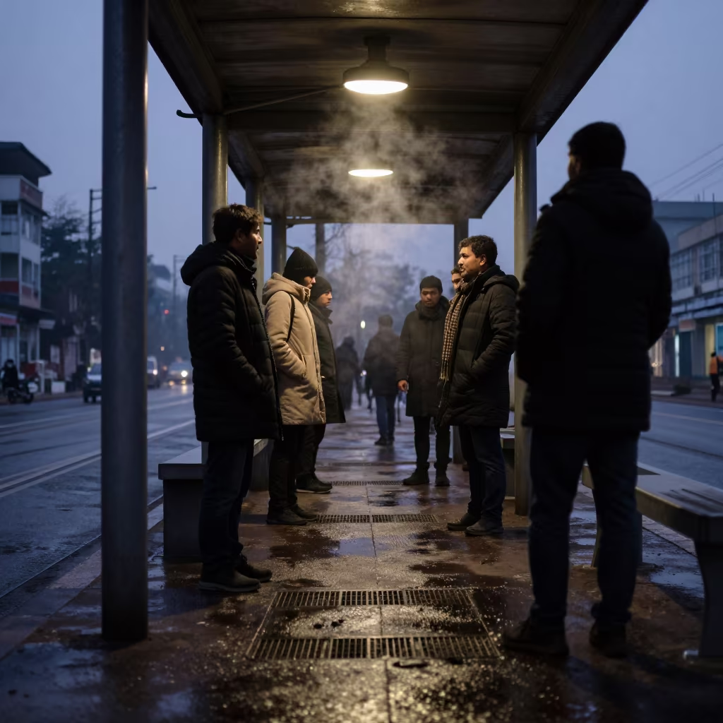 Winter Commuters Under Tram Stop Heat Lamps in beneath a flickering underpass light in Nagaon
