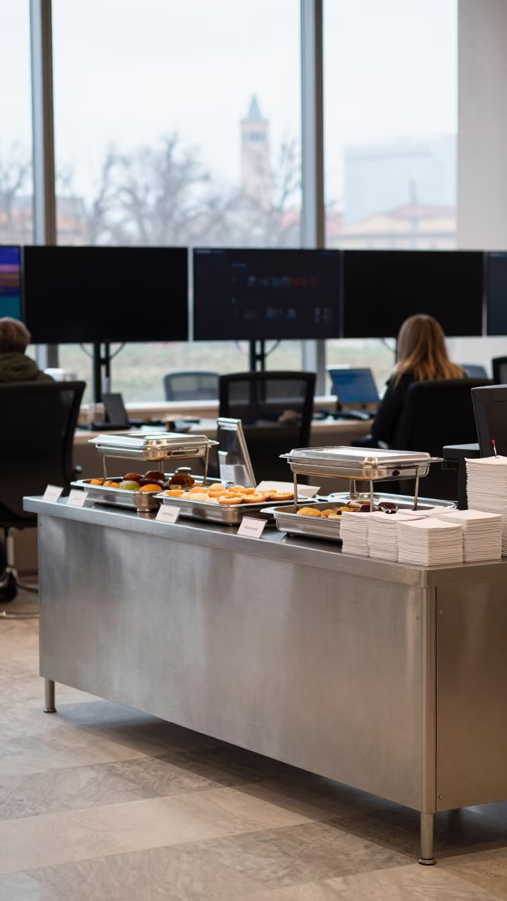 Winter Conference Coffee Station in Bologna Operations Center in in an operations center under monitor glow in Bologna