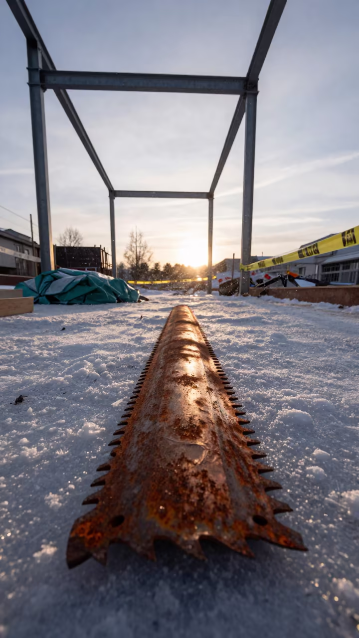 Winter Construction Blade Tin Silhouette in beside a framed building shell in Switzerland