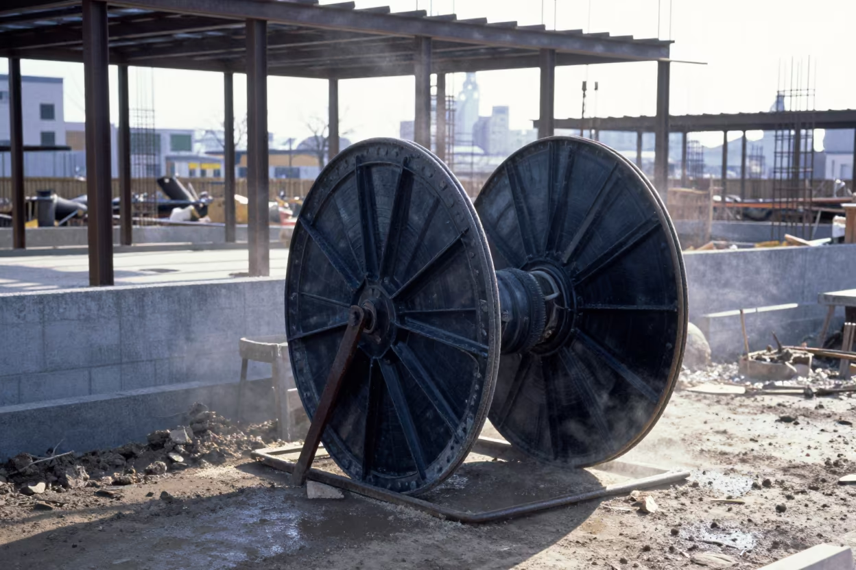 Winter Construction Conduit Reel Beside Japanese Building Shell in beside a framed building shell in Japan