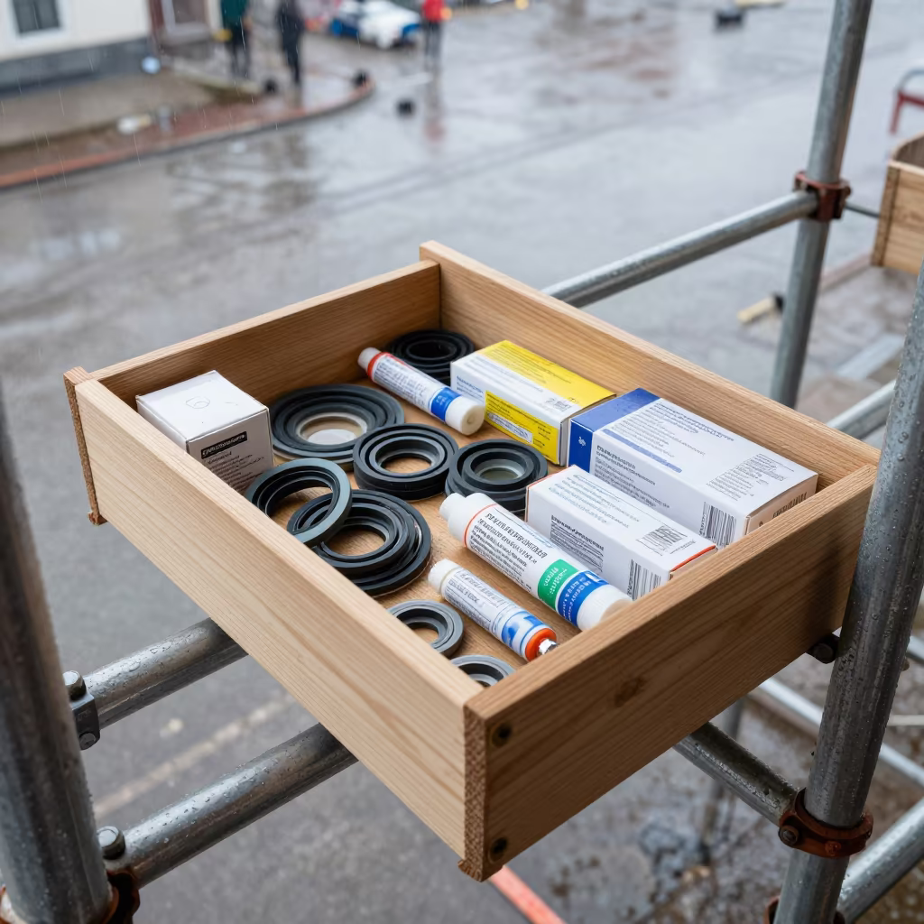 Winter Construction Drawer with Sealant Samples in inside a taped-off excavation edge in Makhachkala