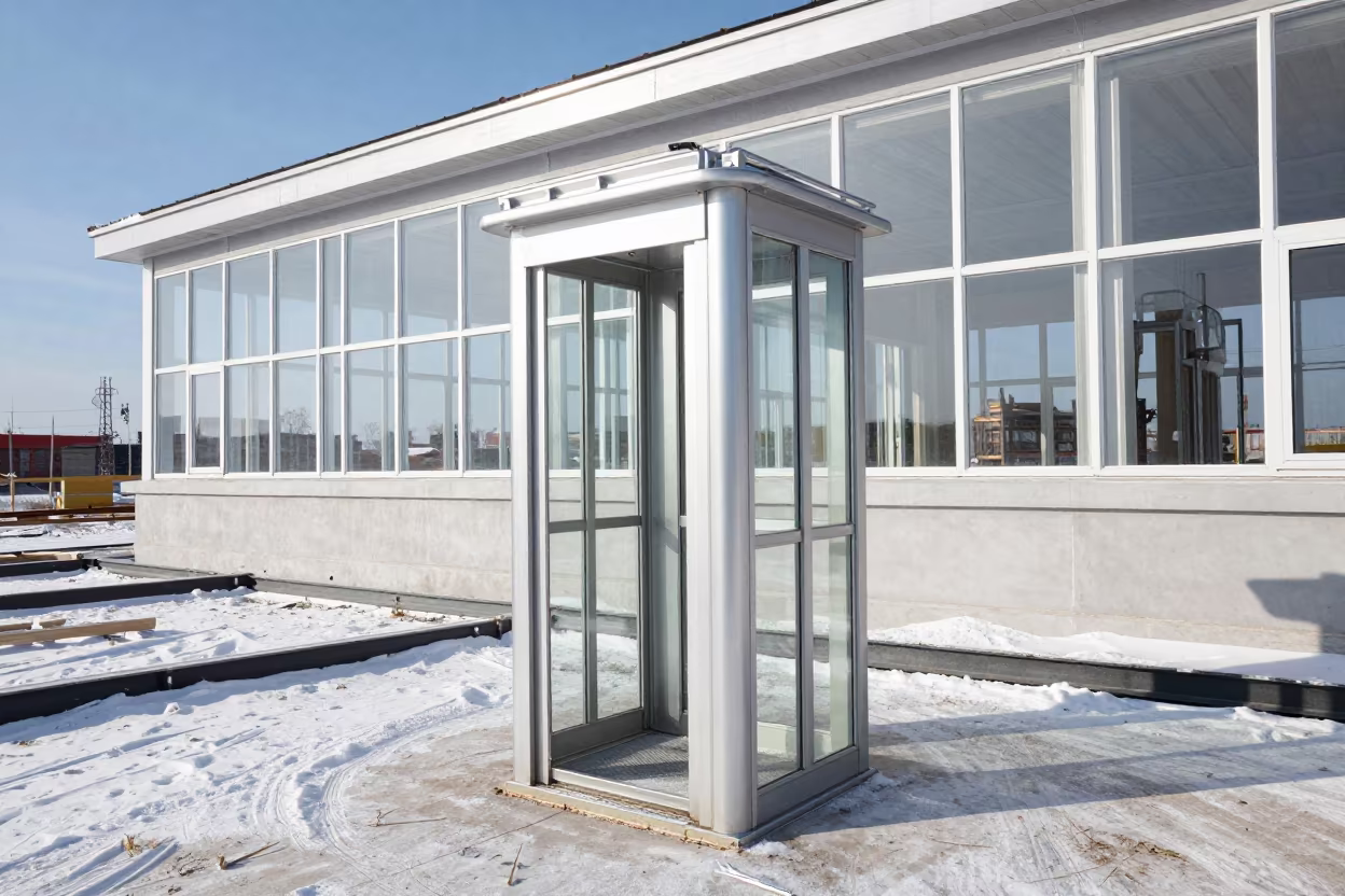 Winter Construction Pad Rack in Russian Far East in beside a framed building shell in the Russian Far East