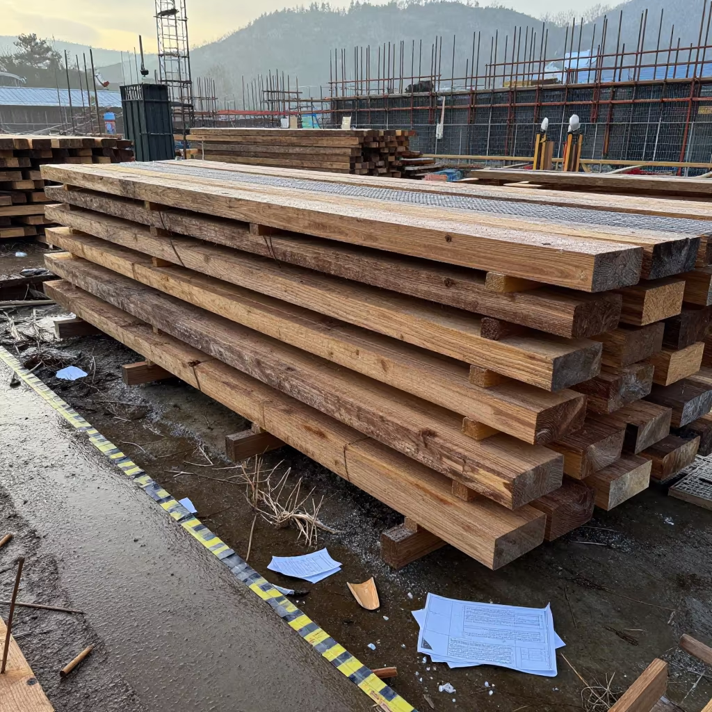 Winter Construction Stairs Before Morning Huddle Japan in inside a taped-off excavation edge in Japan