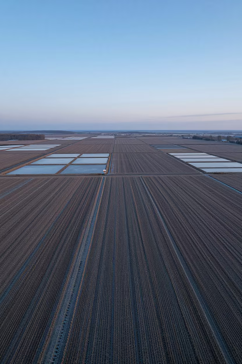 Winter Corn Soybean Checkerboard Aerial View in high over salt ponds and causeways in Moldova