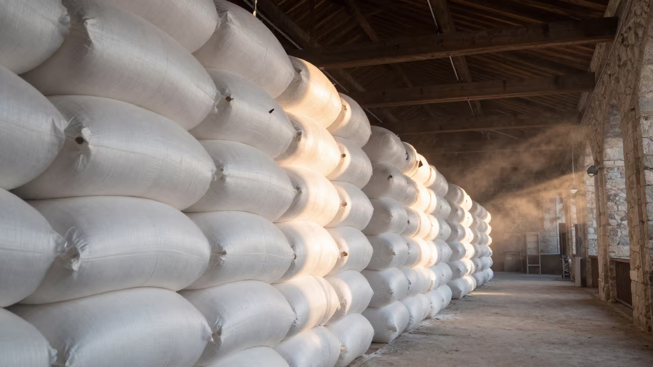 Winter Cotton Mill Hall with Bales in inside a tea-processing hall in Austria