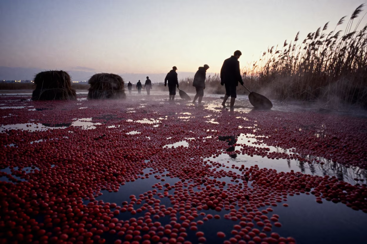 Winter Cranberry Bog Harvest Silhouette in beside stacked hay bales in Aswan