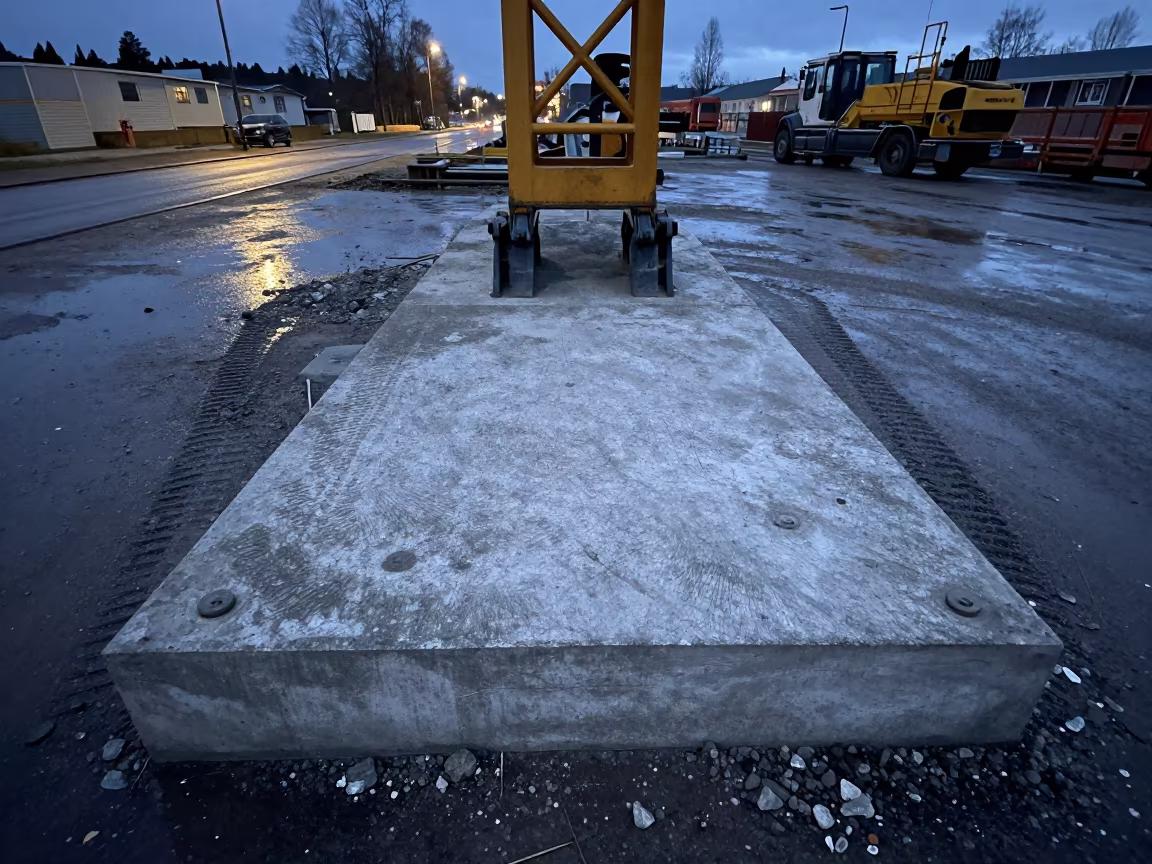 Winter Crane Outrigger Pad in Evening Light in beneath a tower crane on open ground near Tampere