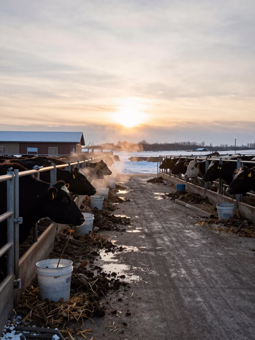Winter Dairy Pen Sunset Canada Snow in at a stockyard loading ramp in Canada