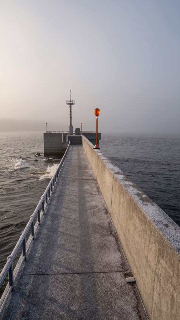 Winter Dam Observation Deck Amber Beacons in along concrete walls above turbulent water in Russia