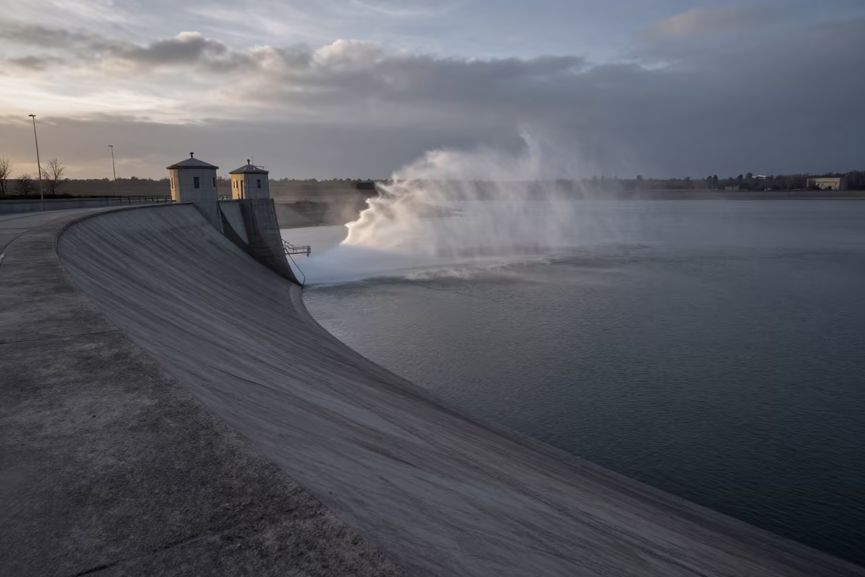 Winter Dam Parapet Over Spillway Before Dawn in above a spillway chute with spray rising near Zaragoza